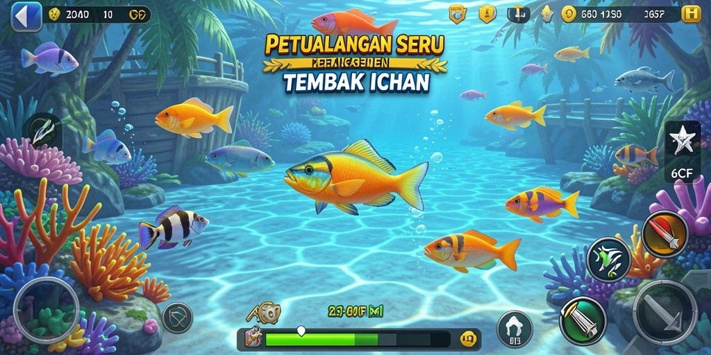 Gameplay seru Tembak Ikan dengan berbagai jenis ikan.