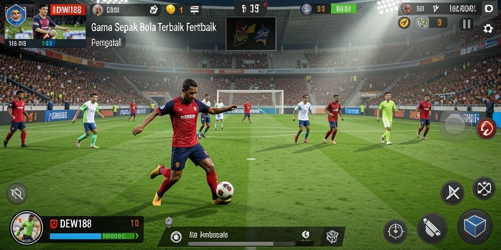 Screenshot gameplay DEWI188 menunjukkan aksi seru di lapangan sepak bola.