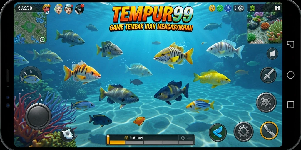 Tangkapan layar TEMPUR99 menampilkan gameplay seru saat menembak ikan.